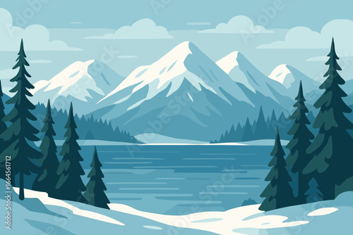Panoramic winter mountain landscape with snowy peaks, tranquil lake, pine trees, spruce forest, evergreen woodland, scenic nature, outdoor wilderness, serene arctic wilderness, icy water background