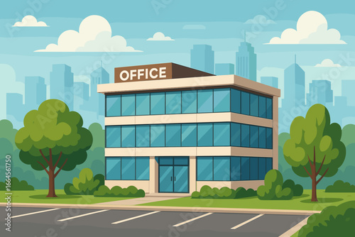 Modern office building with parking. Corporate headquarters exterior. Business center in city. Company workplace architecture. Commercial real estate property. Urban landscape.
