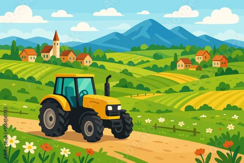 Vibrant countryside landscape with yellow tractor on rural road, lush green meadows, rolling farmland fields, idyllic village, dramatic blue mountains, scenic rural agriculture concept