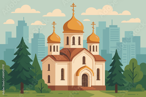 Orthodox christian church with golden domes against a modern city skyline. Vector illustration of a religious temple in an urban park. Concept of faith, architecture, and city life.