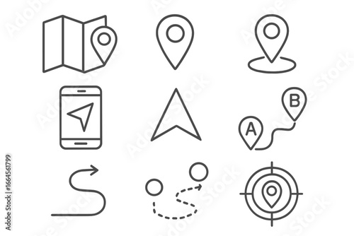 Vector navigation line icon collection. GPS, map, and location pointer symbols. Path from A to B, destination route, and travel direction signs for mobile app and web design.