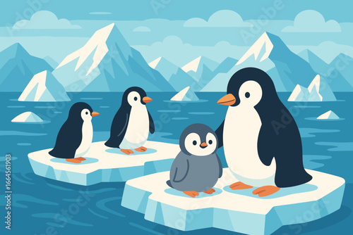 Adorable penguin family on iceberg with chick, majestic icebergs, mountains, glaciers, arctic sea, blue sky. Cute Antarctic wildlife illustration for postcards, posters, children's decor, vector art