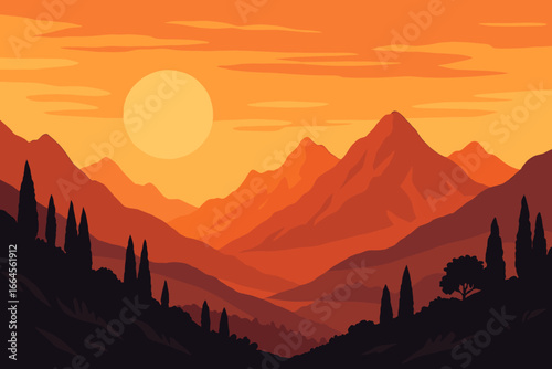 Italian mountain sunset landscape with cypress tree silhouettes. Vector illustration of layered hills in scenic Tuscany. Panoramic orange sky for travel or nature background.