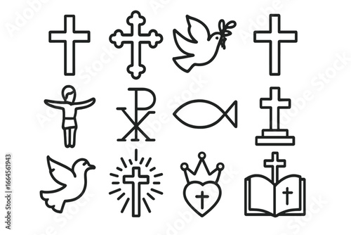 Christian religious symbols vector collection with crosses, doves, ichthys, sacred heart, Chi Rho, open bible, and spiritual icons in simple black and white outline style illustration