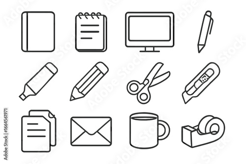Office supplies icon set. Workspace tools linear collection. Business equipment symbols. Stationery vector outline illustration. Work from home essentials, school supplies.