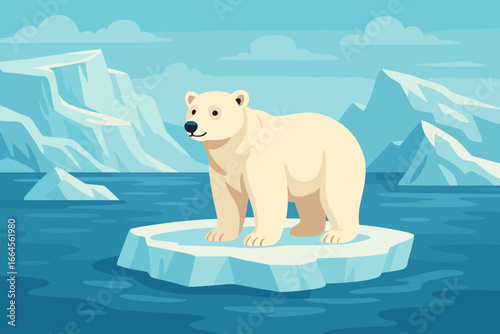 Polar bear standing on melting ice floe surrounded by Arctic glaciers and icebergs, climate change concept, global warming wildlife survival, detailed vector illustration, arctic landscape