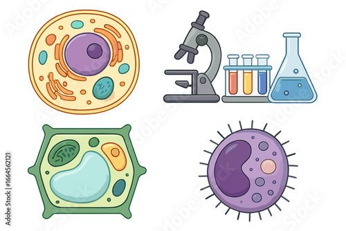 Vector Cartoon Illustration of Animal Plant and Bacterial Cells with Microscope and Chemical Lab Equipment Science Classroom Educational Biology Microbiology Cellular Structure Concept