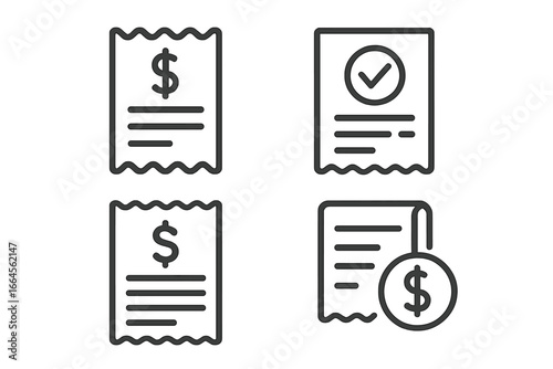 Receipt icon set. Bill and invoice line icons. Financial transaction, payment confirmation, pay check. Money, finance, expense tracking symbols. Vector cartoon illustration.
