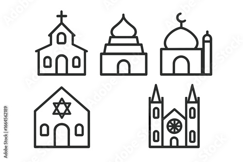 Religious buildings outline icon set. Church, mosque, synagogue, temple, cathedral. Vector line art symbols of faith, worship, and spirituality. World religions architecture.