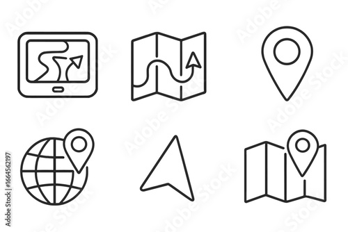 Navigation and map outline icon set. GPS, route, and location symbols. Vector line art for travel, destination, and direction. Geolocation pointer, pathfinder, and map pin icons.