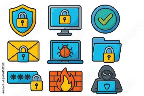 Cybersecurity icon set for data protection and internet safety. Vector symbols illustrate concepts like firewall, virus, hacker, password, encryption, and digital privacy. Cartoon.