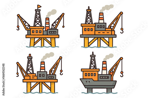 Set of offshore oil and gas industry platform icons. Vector cartoon illustrations of sea drilling rigs for petroleum exploration, fuel production, and energy extraction concept.