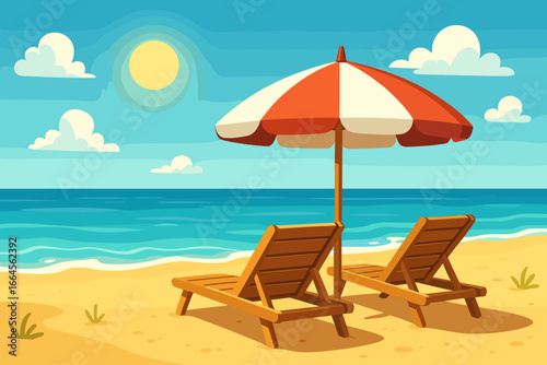 Wallpaper Mural Summer beach vacation scene with two wooden sun loungers under a red and white umbrella on sandy coast, blue sea, sunny sky, and clouds, relaxing leisure vector cartoon illustration. Torontodigital.ca