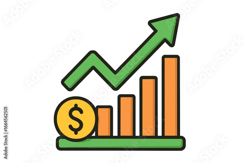 Profit growing icon with money symbol and arrow moving up. Financial success and business growth concept. Investment revenue increase graph. Market analysis progress chart.