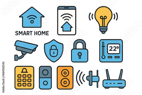 Smart home technology vector icons set, modern outline style, wireless devices controls automation, security camera, smart lock, thermostat, lighting, router, IoT home automation illustration