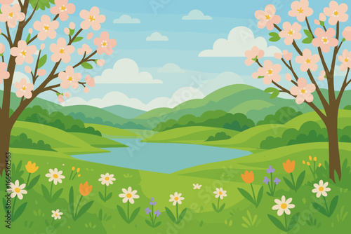Spring landscape vector illustration. Beautiful nature background with blooming cherry blossoms, wildflowers on green hills, and a tranquil lake. Flat cartoon style for springtime.