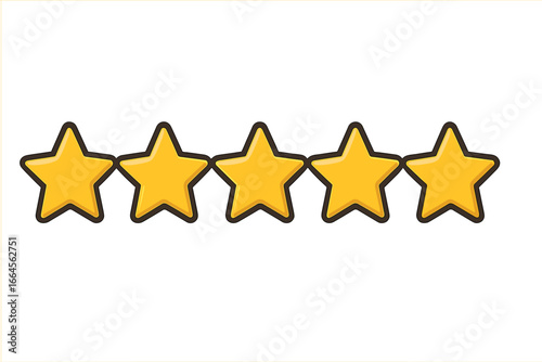 Five gold star rating vector. Cartoon illustration of customer feedback, review, satisfaction, approval, quality ranking. Isolated glossy award stars. Ranking system icon concept for business or web.