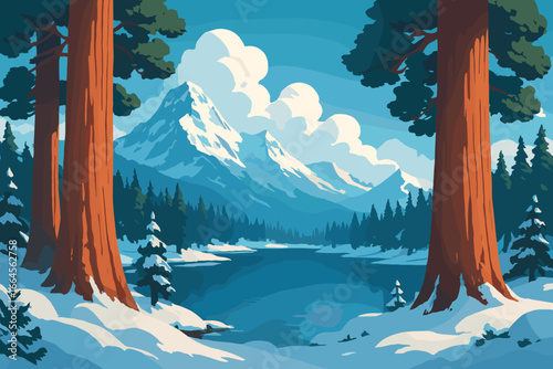 Majestic winter landscape with giant sequoia trees framing a serene lake and snow-capped mountains. Vector illustration of a national park wilderness with a coniferous forest.