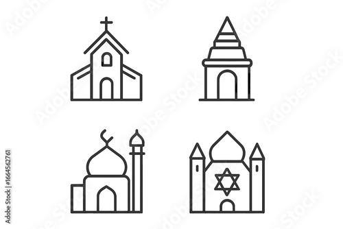 Religious buildings outline icon set. Church, temple, mosque, synagogue line icons. Christian, muslim, jewish places of worship. Spiritual architecture vector symbols.