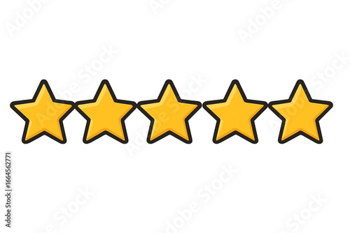 Five gold star icons, vector isolated rating symbols, customer feedback concept, quality review, best rating, flat cartoon design, excellence award, achievement recognition, vector illustration