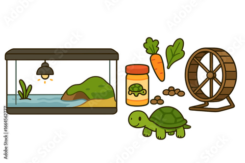 Turtle care essentials vector illustration. Cartoon pet turtle habitat, lighting, aquatic terrarium setup, food jar, vegetables, exercise wheel. Reptile pet supplies, animal welfare concept