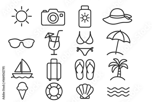 Summer beach line icon set. Vacation and holiday essentials vector art collection with transparent background. Cartoon outline symbols: sun, camera, sunglasses, drink, bikini, beach items, flip flops