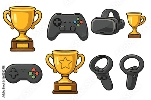 Cartoon gaming icons set with gold trophy cups, game controllers, VR headset, virtual reality equipment, and competitive eSports symbols. Modern vector illustration on transparent background.