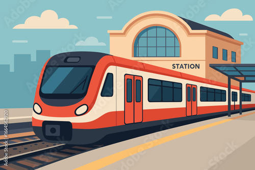 Modern Passenger Train Approaching Urban Railway Station, Subway Transportation Concept, City Commute Travel, Red White Train, Flat Vector, Cartoon Illustration, Public Transit Modern Design