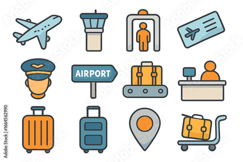 Modern flat design vector illustration of airport travel icons, airplane, luggage, passport, pilot, check-in desk, security scan, baggage claim, airport sign, location pin, trolley, transport concept