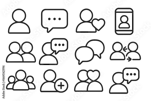 Social media line icon set for people, messaging, and social interaction. Communication, chat, add friend, group, heart love, online community, relationship concept. Vector illustration collection.
