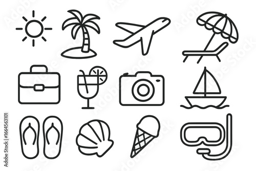 Summer Beach Vacation Travel Icon Set. Relax, Holiday, Fun, Book, Hotel, Trip, Adventure, Tropical, Sun, Palm, Sea, Boat, Ice Cream, Shell, Flip Flops, Drink, Snorkel. Line Style Vector Cartoon