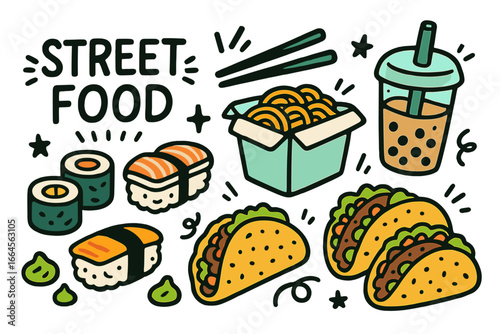 Colorful cartoon vector illustration of international street food variety including sushi, tacos, noodles, and bubble tea in playful doodle style. Modern hand drawn food clipart isolated.