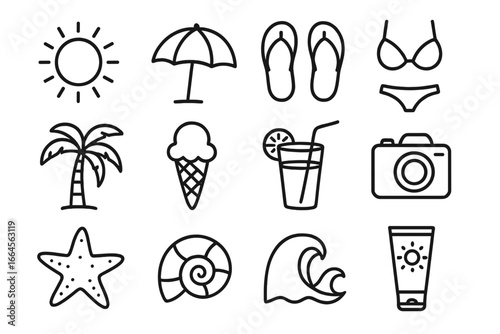 Summer beach essentials line icon set. Vacation and holiday accessories line art collection. Cartoon vector illustration with transparent background. Travel, leisure, tropical items.
