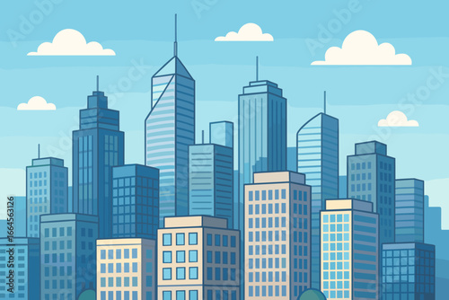 Modern cityscape vector illustration in cartoon flat style, tall skyscrapers, office buildings, urban skyline, panoramic metropolis landscape, modern architecture, business district design