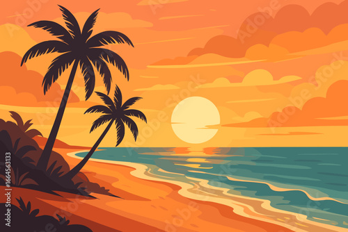 Tropical beach sunset vector illustration. Silhouette palm trees coastline panoramic view. Vibrant orange ocean horizon seascape. Serene sandy shore paradise, tranquil evening sky cloudscape