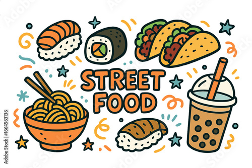Vibrant cartoon vector illustration of international street food variety—sushi, tacos, noodles, bubble tea—in fun doodle style. Global snack concept, Asian and Mexican cuisine, eatery festival.