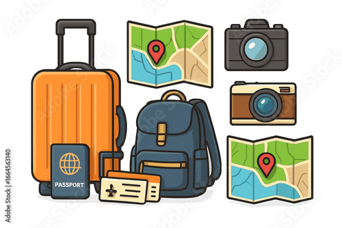 Travel essentials vector illustration. Suitcase, passport, airline ticket, backpack, camera, map with pin. Cartoon style organized holiday packing concept. Tourism accessories, journey preparation