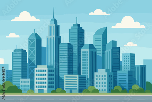 Modern cityscape skyline vector illustration. Tall skyscrapers, office buildings, urban architecture, panoramic downtown, blue sky, green park, business district, flat cartoon style
