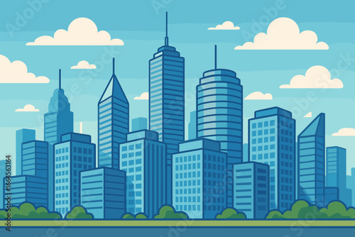 Modern cityscape vector illustration with tall skyscrapers, panoramic skyline, business office buildings, urban metropolis architecture, blue flat cartoon style, city downtown background