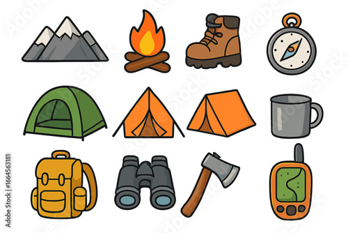Camping equipment vector icons set. Cartoon mountains, campfire, hiking boots, compass, tent, mug, backpack, binoculars, axe, GPS. Outdoor adventure, hiking, travel essentials gear illustration.