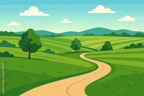 Serene countryside landscape vector illustration. Rolling green meadows, sweeping fields, winding path, blue sky, fluffy clouds. Modern flat cartoon style. Tranquil rural nature scene backdrop.