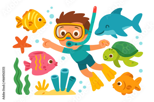 Exciting underwater adventure with child snorkeling, colorful marine life, cartoon tropical fish, dolphin, sea turtle, coral reef, aquatic plants, playful sea animals, vector illustration