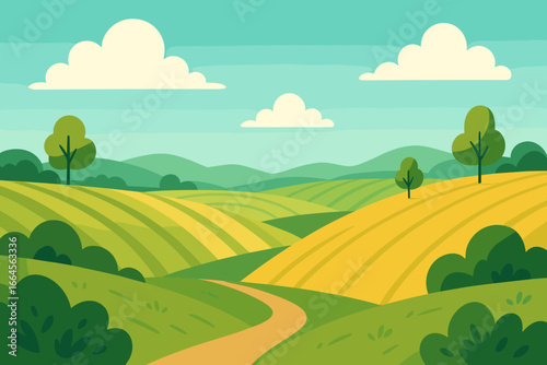Vibrant rolling hills landscape vector illustration. Cartoon green meadows, farmland, and agricultural fields with trees, clear blue sky, fluffy clouds. Summer spring countryside background design.