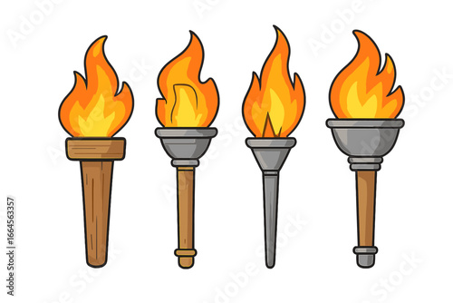 Set of various ancient torches with fire flames. Vector cartoon illustration of different torchlight styles. Symbol of olympic games, victory, success, and exploration.
