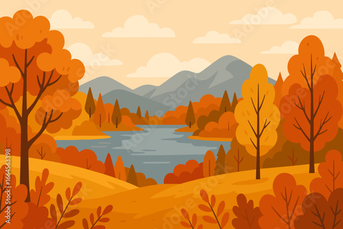 Autumn fall season landscape vector illustration. Scenic panoramic view with orange forest trees, lake and mountains. Natural background for wallpaper, web banner or design.