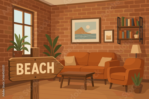 Vacation dreaming concept. Wooden beach sign in cozy living room interior. Holiday longing and travel escape metaphor. Home with brick wall, sofa, armchair, window, and plants.