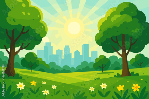 City park vector illustration with green lawn and trees. Summer landscape with flower meadow and city skyline silhouette in background. Urban nature concept for design.