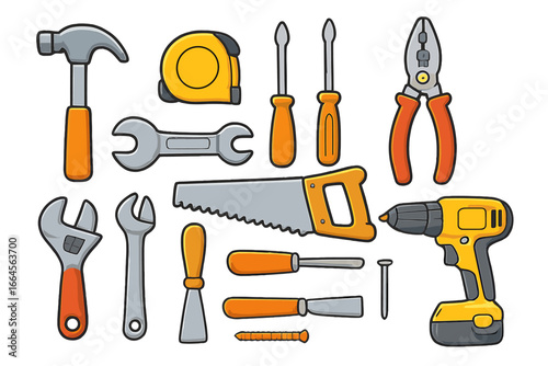 Vector Cartoon Construction Hand Tools Collection. Repair Equipment Set with Hammer, Saw, Screwdriver, Wrench, Drill, Pliers, Tape Measure, Chisel, and Fasteners on Transparent Background