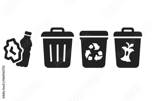 Waste segregation recycling composting disposal bins icons set. Garbage trash containers for eco-friendly solutions. Sustainability zero waste management. Vector illustration transparent background.