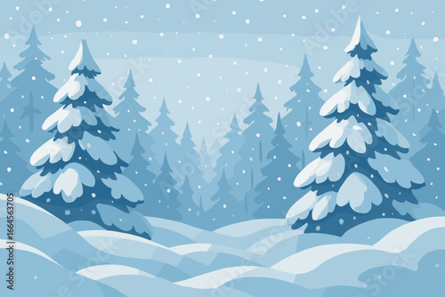 Winter snowy forest with large snowdrifts, falling snow, pine trees, tranquil landscape, serene cold weather, cartoon style, modern flat vector illustration, peaceful wilderness, seasonal nature